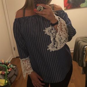 Navy White & Lace Top